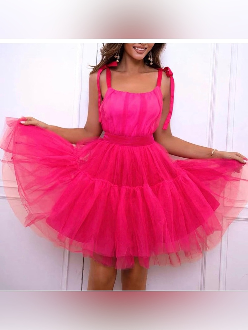 JOYFUNEAR Women’s Size L Vibrant Pink Tie-Strap Tulle Mini Dress - Picture 4 of 5